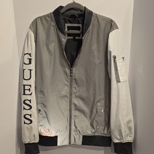 GUESS Two-Tone Gray and White Bomber Jacket with Sleeve Logo